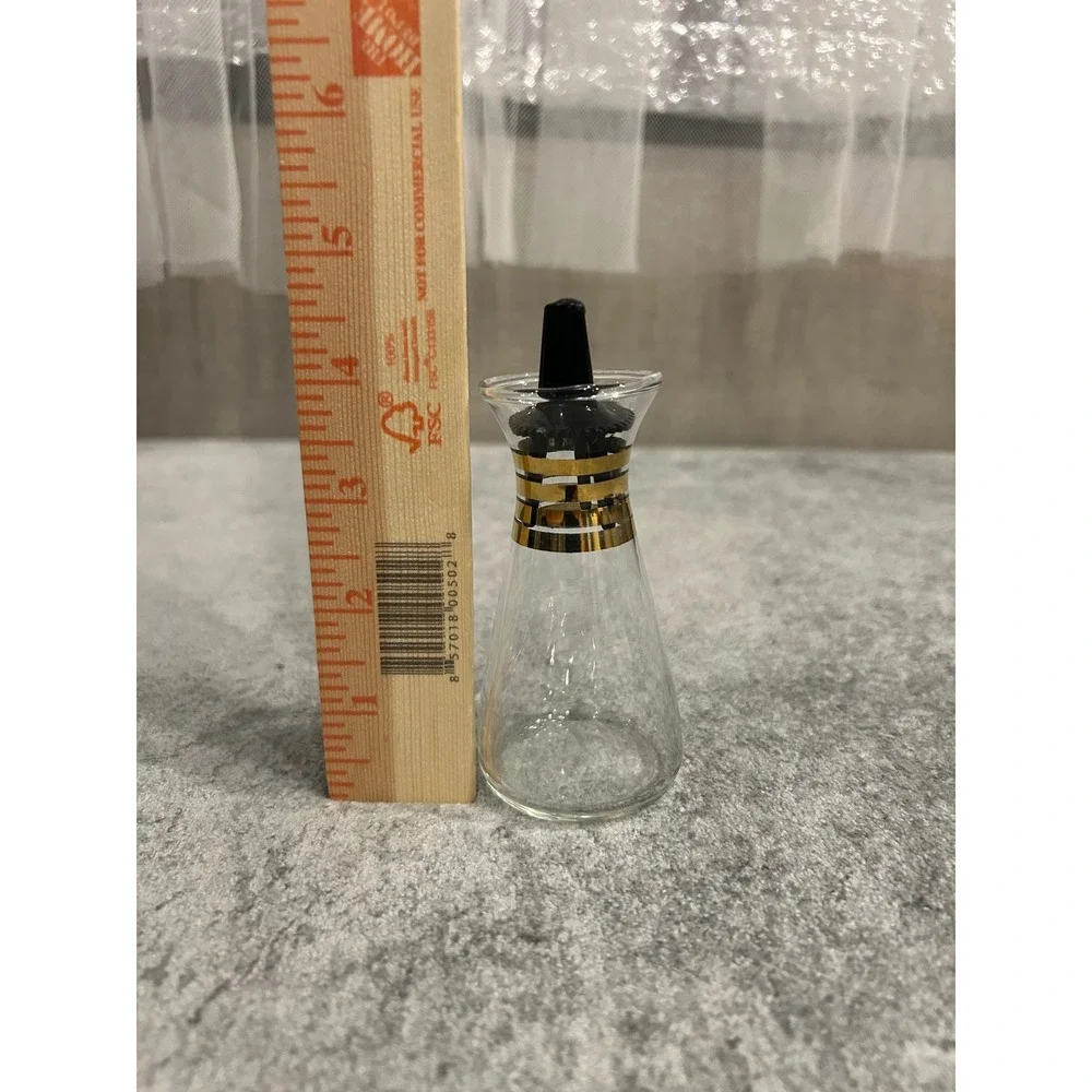 Vintage Mid Century Modern Glass Cruet Gold Banded Oil Vinegar Bottle Stopper